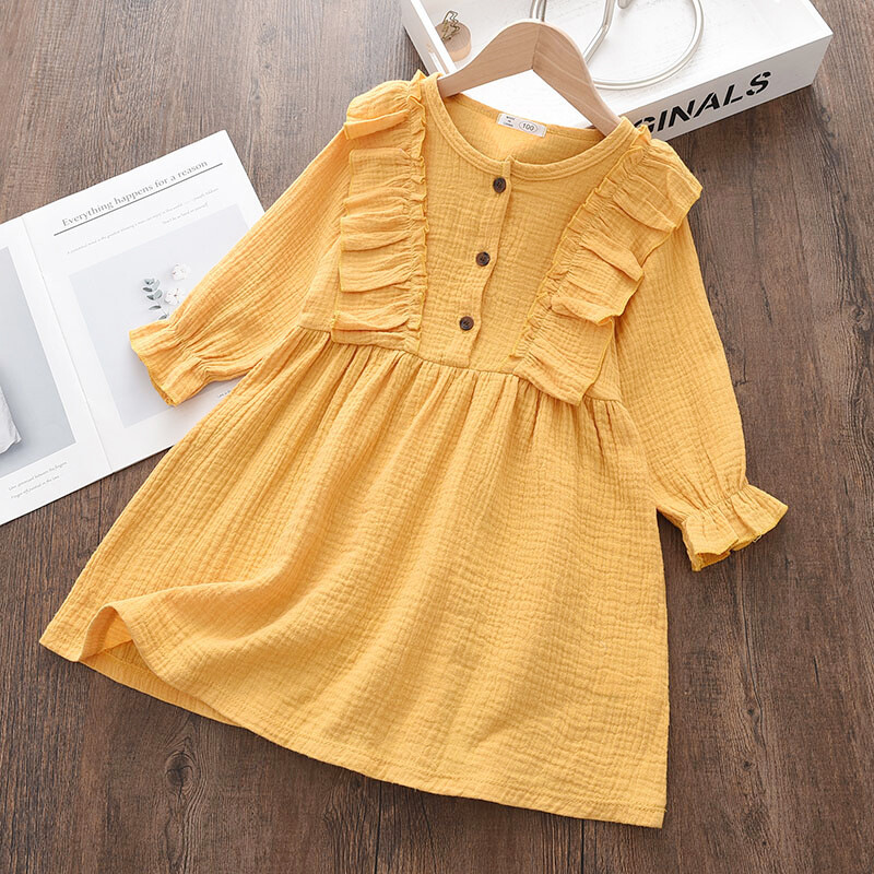 Bear Leader 0-5Y Toddler Kids Baby Girl Autumn Dress Ruffles Long Sleeve Solid Cotton Party Casual Dress Clothes Baby Girls Clothes