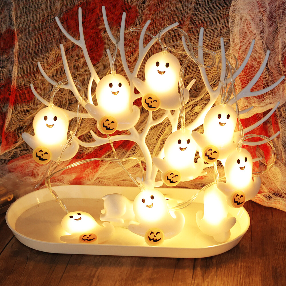 2m 10 Lights Cute Ghost Pumpkin LED Light String White Light Warm Light Halloween Atmosphere Decorative Light String Battery Powered