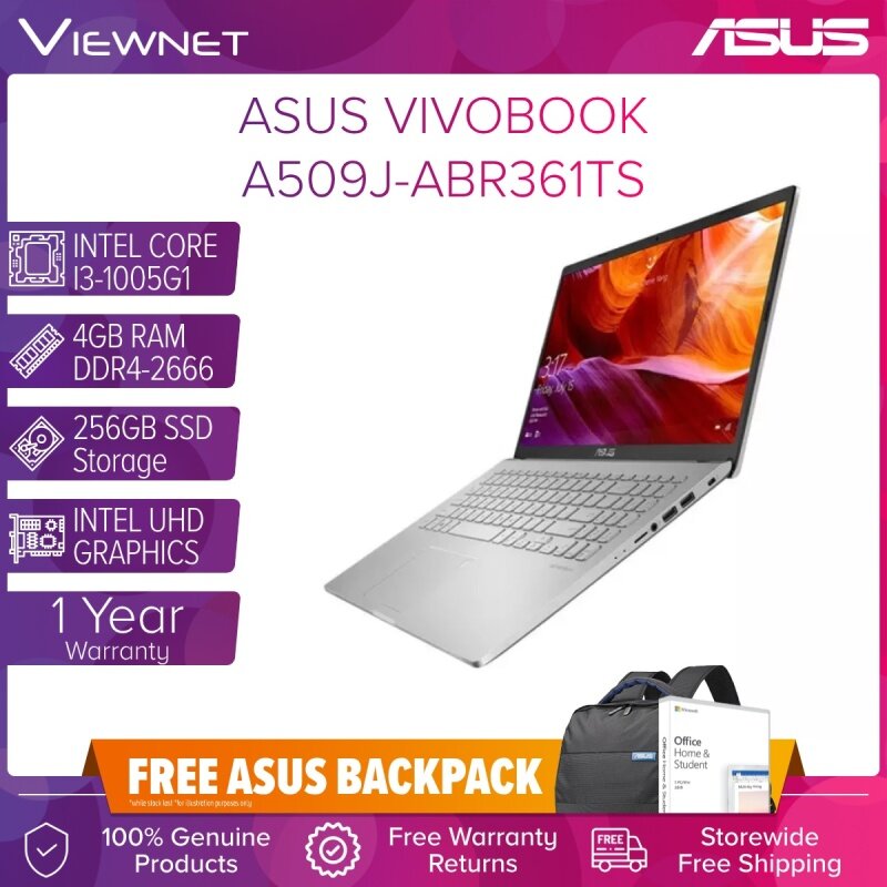 ASUS VIVOBOOK A509J-ABR360TS , A509J-ABR361TS LAPTOP INTEL CORE I3-1005G1 4GB DDR4 256GB SSD INTEL HD GRAPHIC W10 15.6 FHD OFFICE H&S BUILD IN GREY / SILVER 1 YEARS ASUS WARRANTY Malaysia