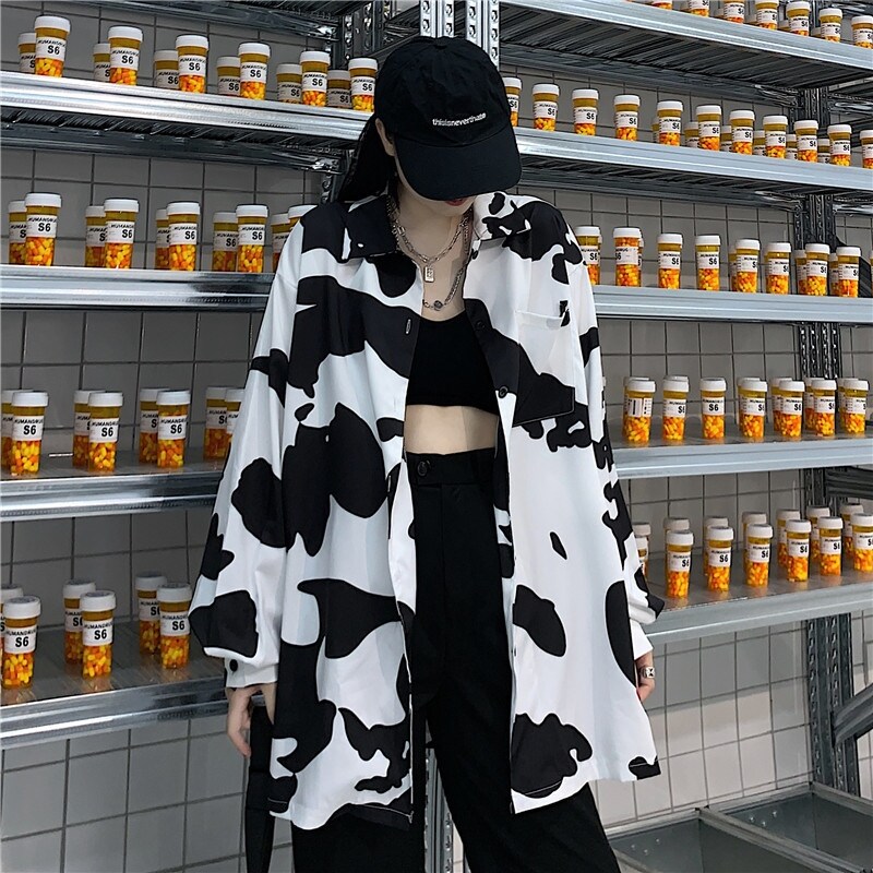 Deeptown Cow Print Women Blouses Korean 