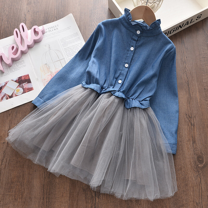 Bear Leader Kids Girls Dresses 2021 New Autumn Fashion Princess Clothing Cowboy Stitching Net Yarn Ball Gown Girls Dresses Clothes Cowboy Stitching Net Yarn Ball Gown Girls Dresses Clothes O-neck Button Children Dresses For 3-7Y