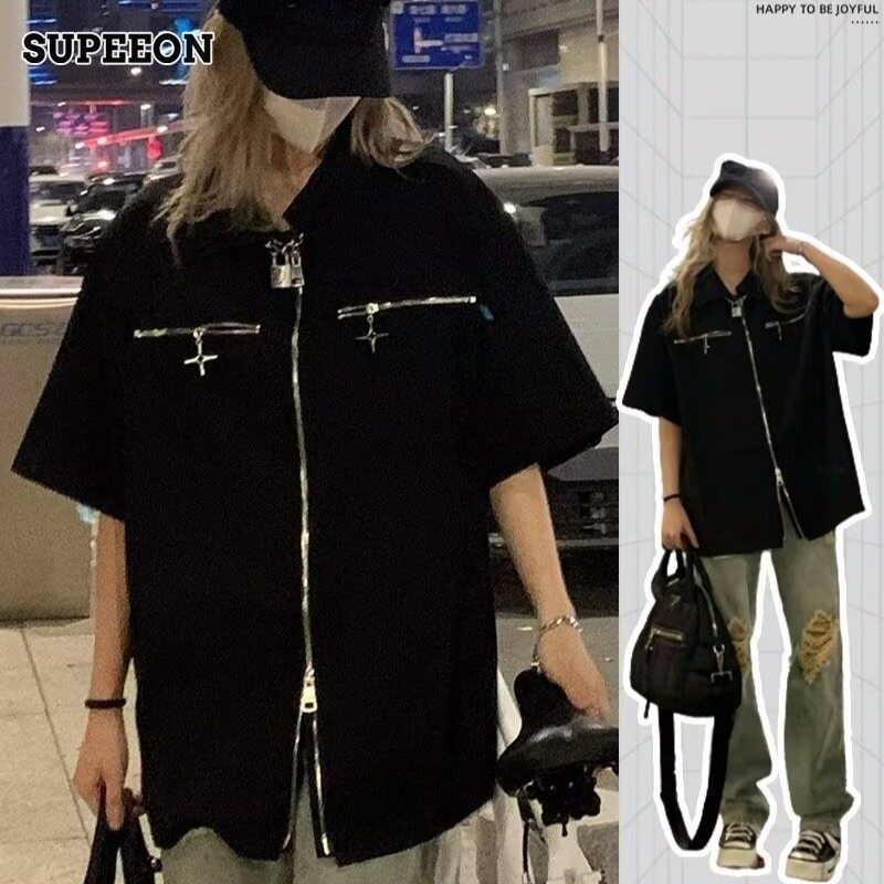 TRJ SUPEEON丨Người Đàn Ông Mới Cổ Điển khóa kéo kim loại Hàng Hóa Phong Cách Áo Khoác Áo Khoác Lỏng Đa Năng Top áo mùa hè 1214