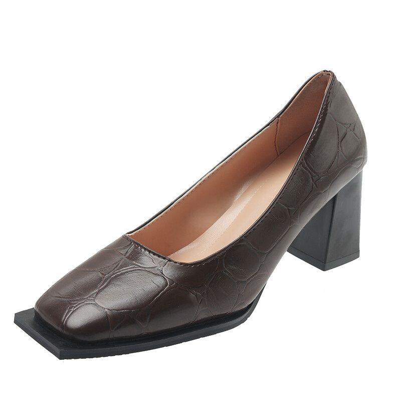 xunlu818937 Women 7cm High Heeld Pumps Casual Leather Square Toe Slip-on Simple Shoes Women Work Office Shoes