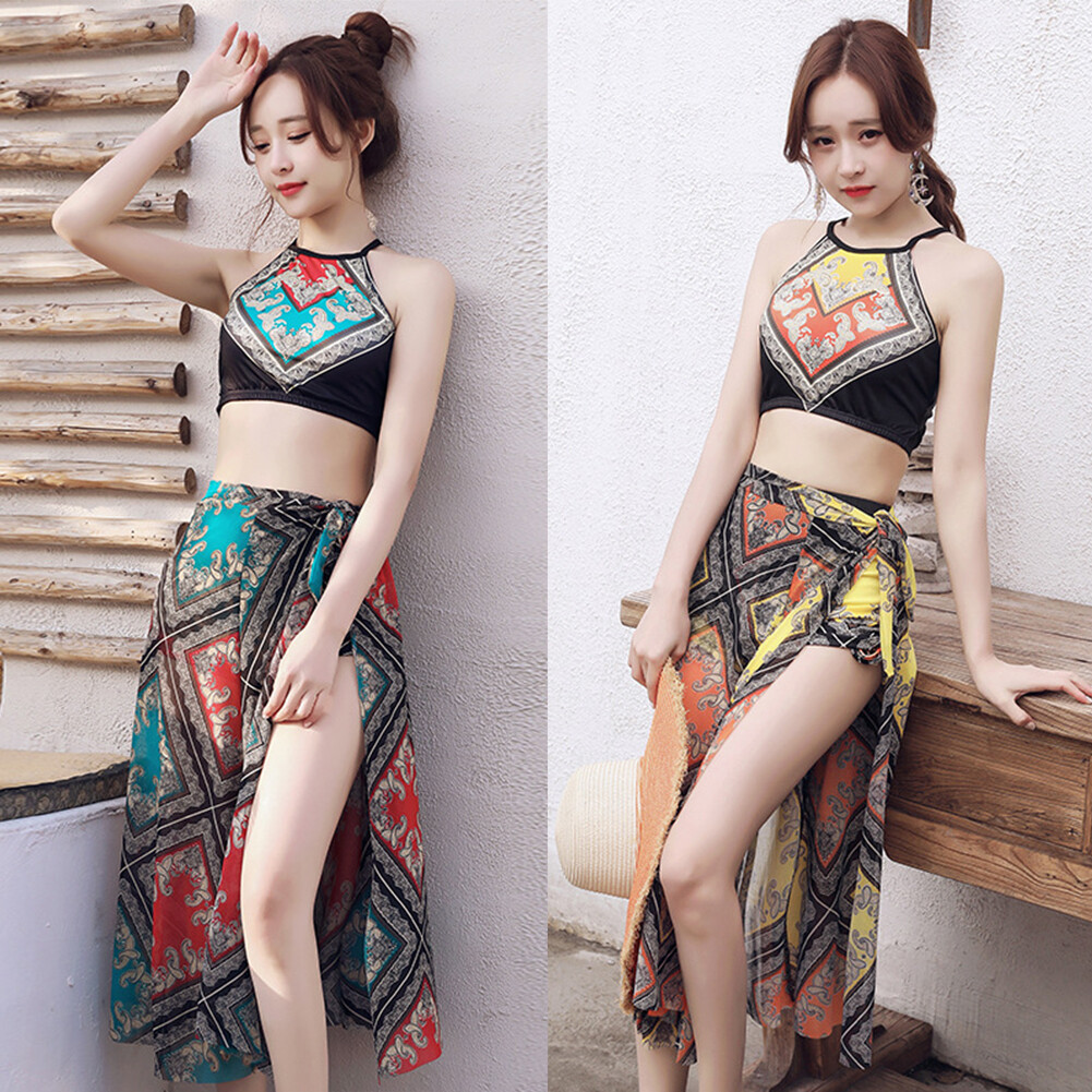 Sexy Women Cross Back Halter Top High Waist Shorts Coverup Swimsuit Wrap Set
