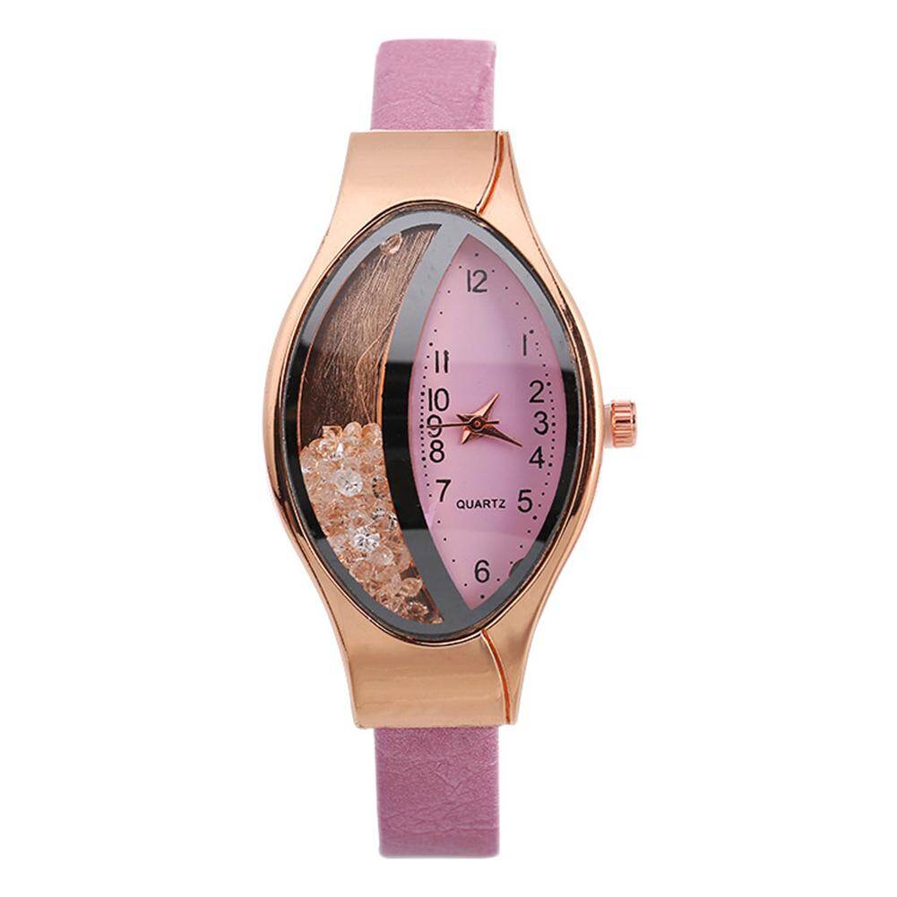 NingXiang Lady Quicksand Rhinestone Oval Dial Faux Leather Strap Analog Quartz Wrist Watch