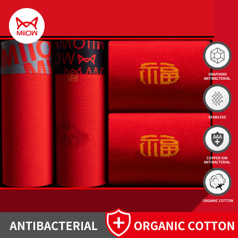 Miiow 2 cái quần lót boxer 2 đôi tất bộ cotton quần lót nam boxer nam thấp eo innerwear gợi cảm quần lót nam võ sĩ quần short quần lót nam m1602