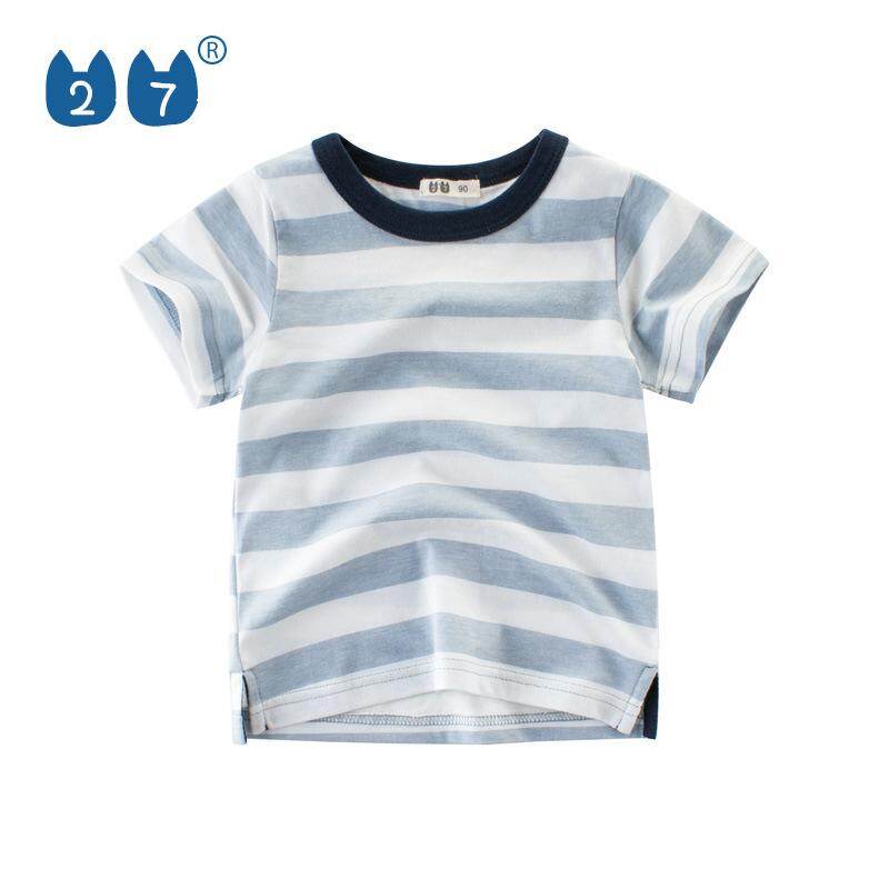 27kids children's short sleeved T-shirt summer Korean version children's clothing 2024 brand new striped shirt children's clothing for girls and boys high-end fabric base shirt white blue pink black green multi-color good-looking preschool outfit
