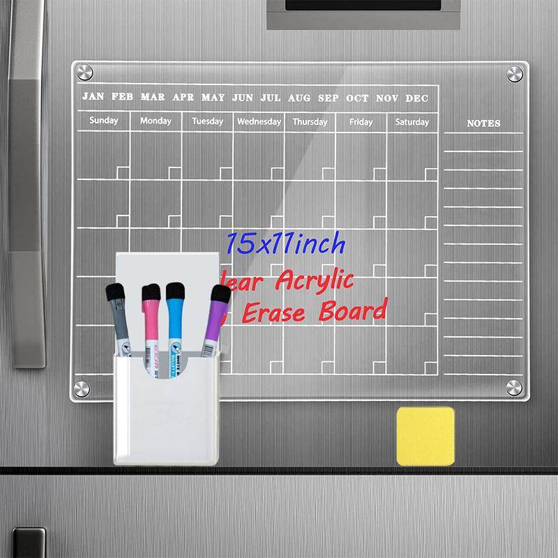 Acrylic Magnetic Calendar Set for Fridge Transparent Planning Whiteboard Dry Erase Calendar with 4 Markers and Pen Holder Reusable Non-slip Meal Planner for Weekly Monthly Plan