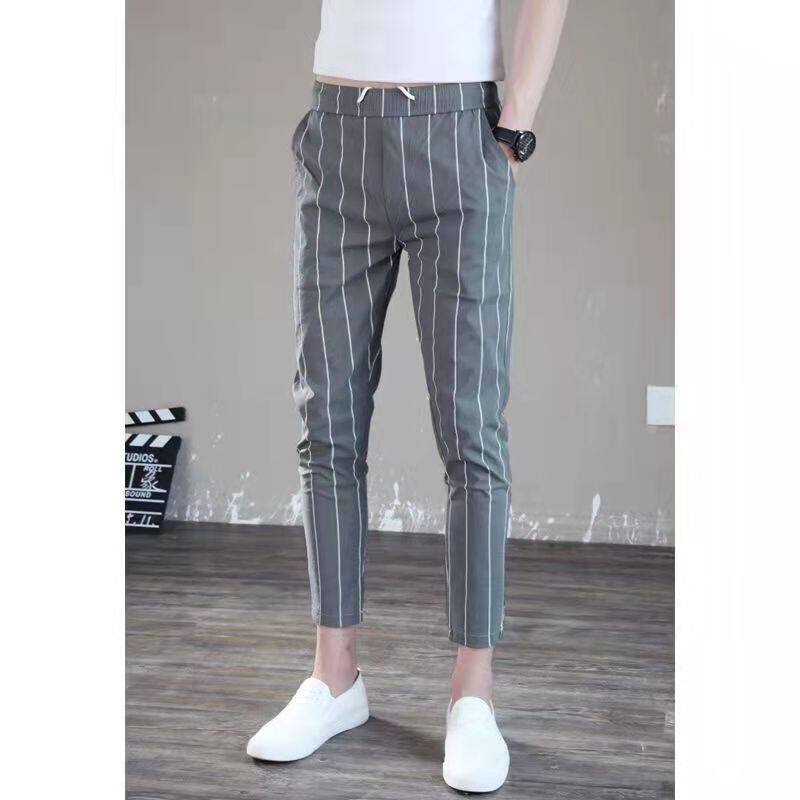 Mark Belt Korean Version of The Autumn Slim Casual Trousers Men's Fashion Trend Vertical Stripes Nine Points Pants