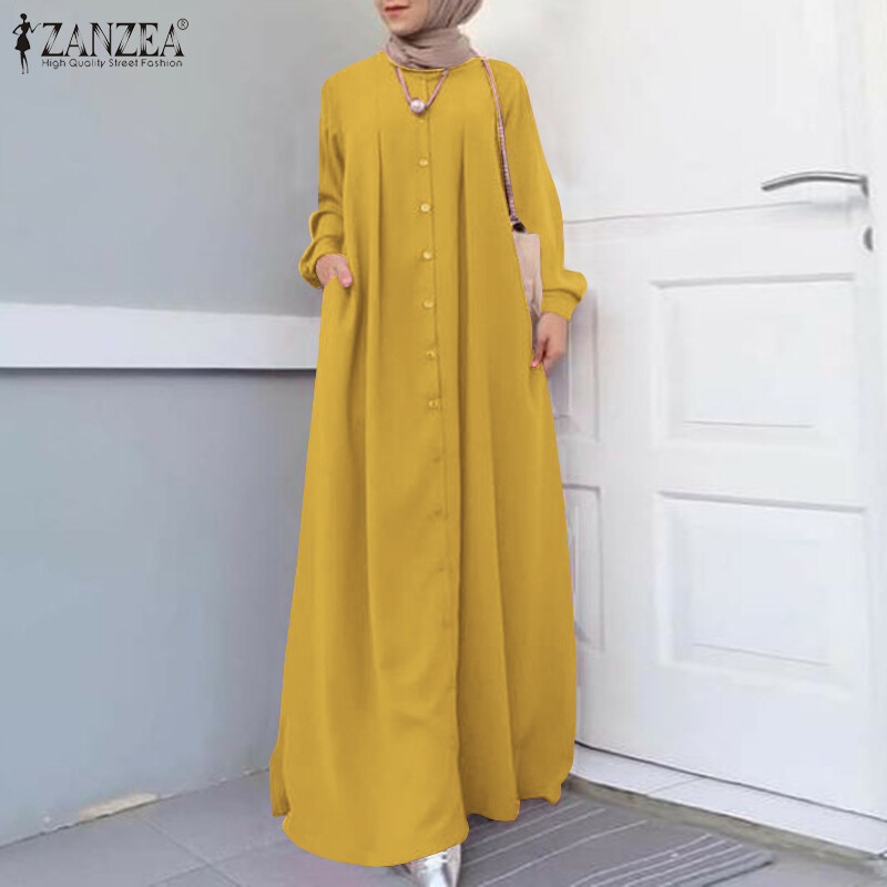 ZANZEA Muslimah Women Muslim Dubai Kaftan Button Down Solid Loose Holiday Party Long Shirt Dress