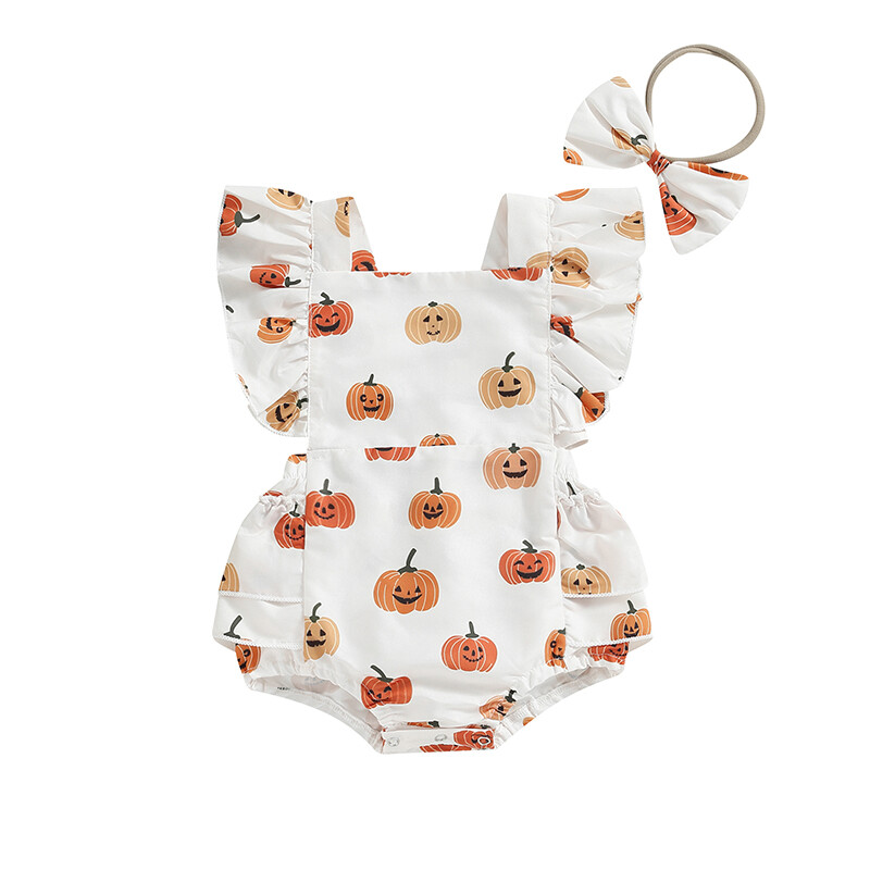 Baby Girls 2Pcs Halloween Outfits Flutter Sleeve Elastic Waist Pumpkin Print Romper with Headband Set Newborn Clothes