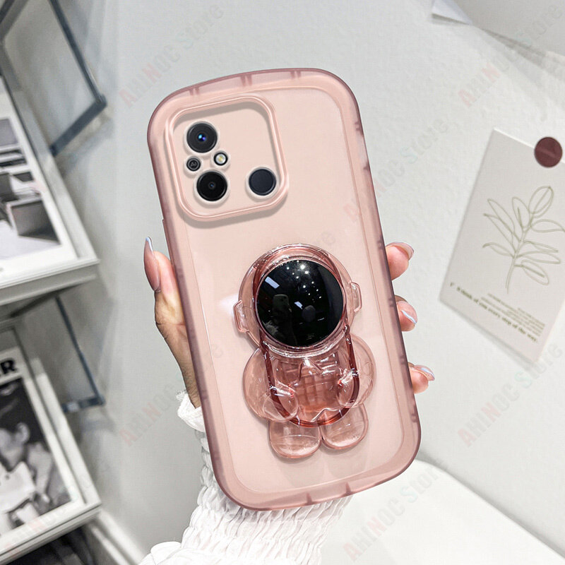 For Xiaomi Redmi 12C Phone Case With Astronaut Bracket Soft Transparent Stand Casing Candy Color Camera Protection Back Cover