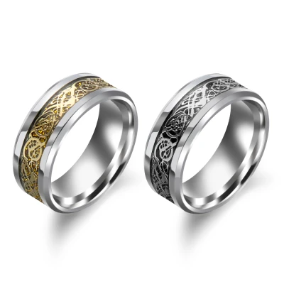 Fashion Jewelry Wedding Party Silver Gold Wide 8mm Stainless Steel Dragon Inlay Rings Titanium Men Ring