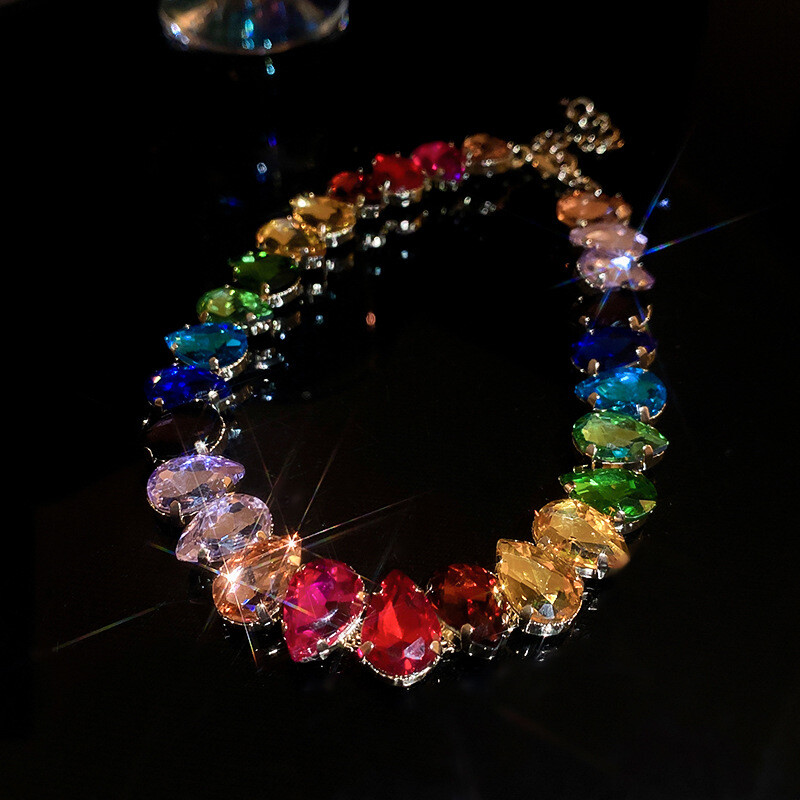 DREJEW Colorful Diamond Crystal Water Drop Necklace European and American Atmospheric Clavicle Chain New Fashion Temperament Necklace