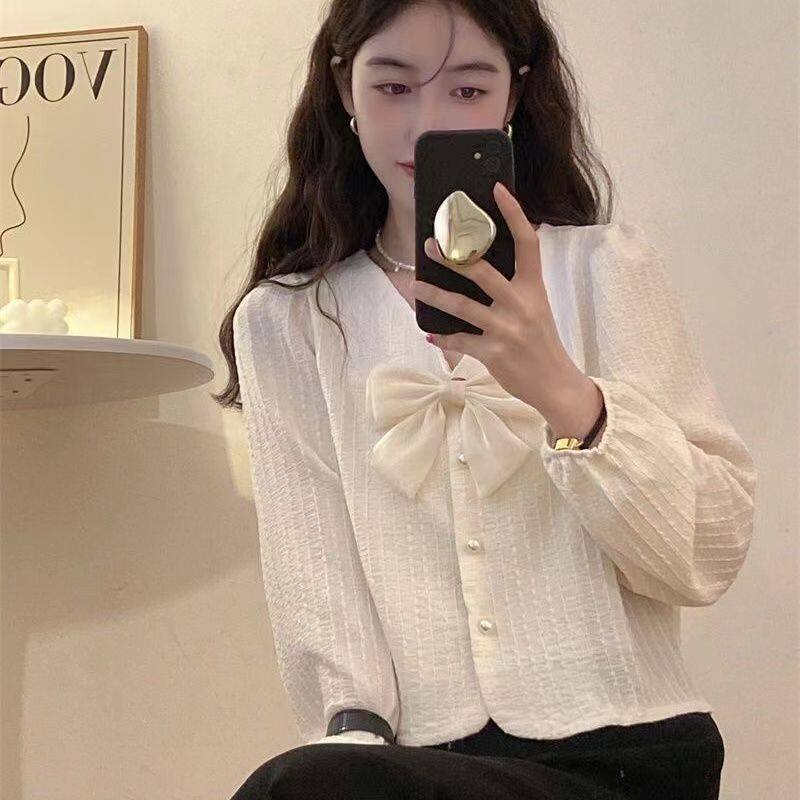 Bow tie shirt, women's long sleeved thin top