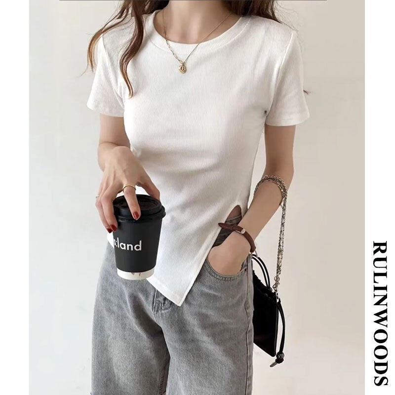 CHICCHIC Áo Thun Ren Nữ Áo thun xẻ tà