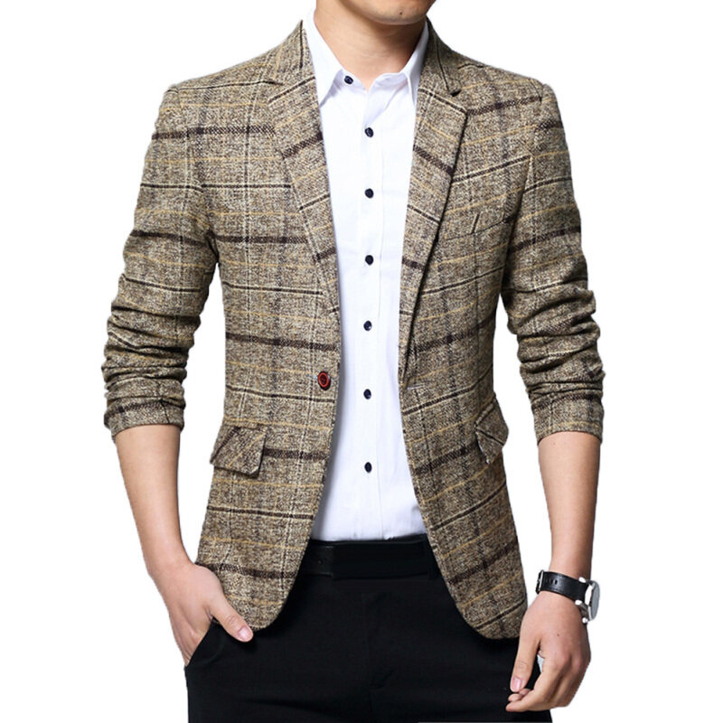 Áo Blazer Kẻ Ca Rô Cho Nam, Kiểu Dáng Công Sở Ôm Sát, Một Cúc Ve Áo Thời Trang - INTL