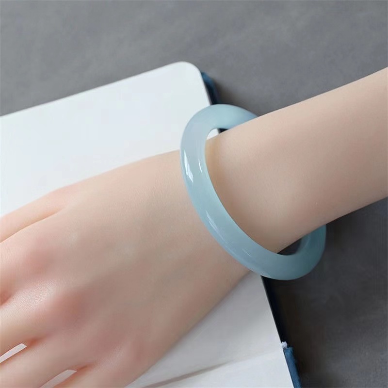 Natural Ice Sky Blue Agate First Thick Round Bar Bangle Light Blue Chalcedony Agate Bracelet Fat Round Bar