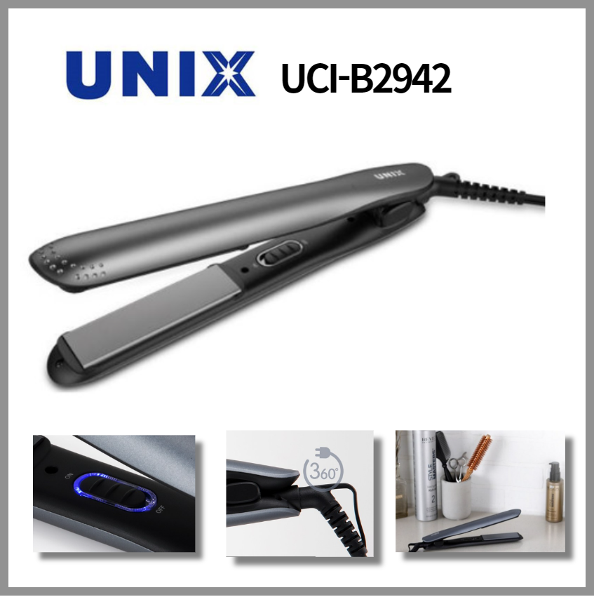 Unix UCI-B2942 Hair straightener Flat Iron Curing iron Quick & Strong Straight iron Ceramic coated heating plate 360 Code Rotation LED lamp power indication slide switch