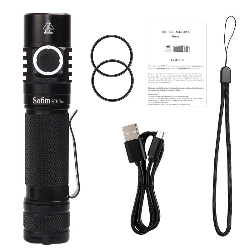 Sofirn Super bright flashlight SC31 Pro Led SST40, 2000 Lumen brightness, 226M range, 3000mAh battery, IPX8 waterproof, USB C charging port, mini flashlight