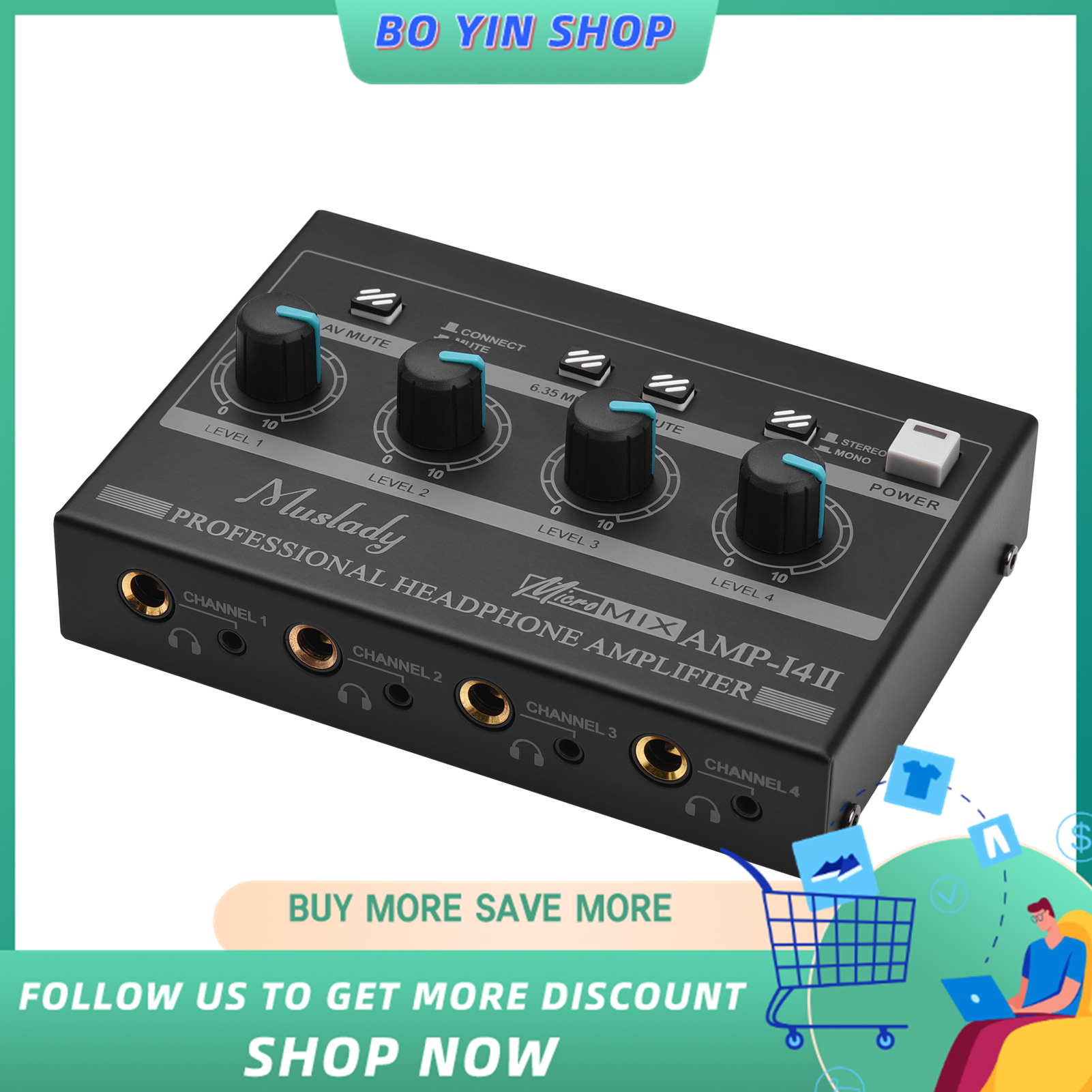 Muslady AMP-14 4-Channel Headphone Amplifier Compact Stereo Headphone Amp with RCA/6.35mm/3.5mm Input Volume Control