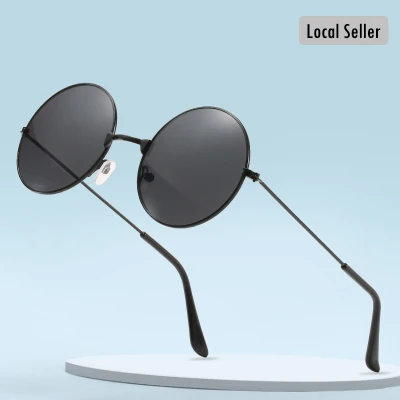 (Ready Stock) Fashion Black Vintage Retro Men Women Round Metal Oval Frame Sunglasses Black Lens Glasses Eyewear
