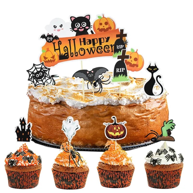 7pcs Halloween Cake Topper Decoration Cup Cake Toppers for Halloween Birthday Party Cake Decor Baking Tools
