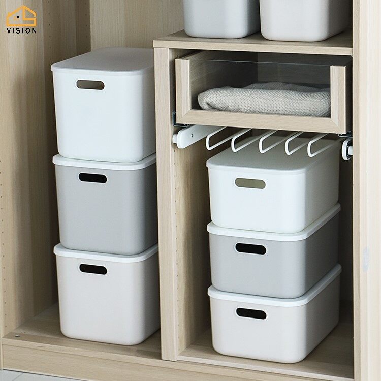 Vision Japanese Household Clothes Storage Box Portable Finishing Box Plastic Thickened Packing Box Plastic White Cosmetics Storage Box Sundries Storage Basket Toy Portable Box With lid Plastic White Cosmetics Storage Box