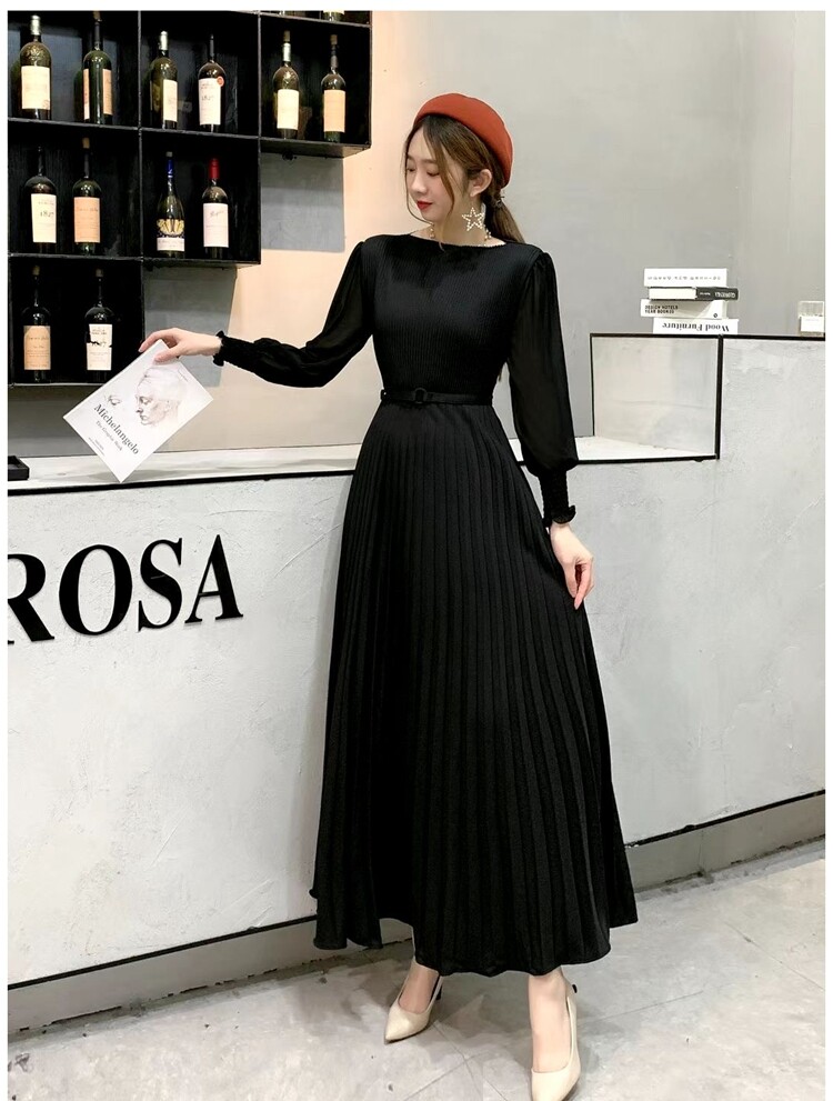 Women Elegant Pleated Long Dress Spring Autumn Long Sleeve with Blet Chiffon Maxi Dress Ladies Fashion Muslim Dress