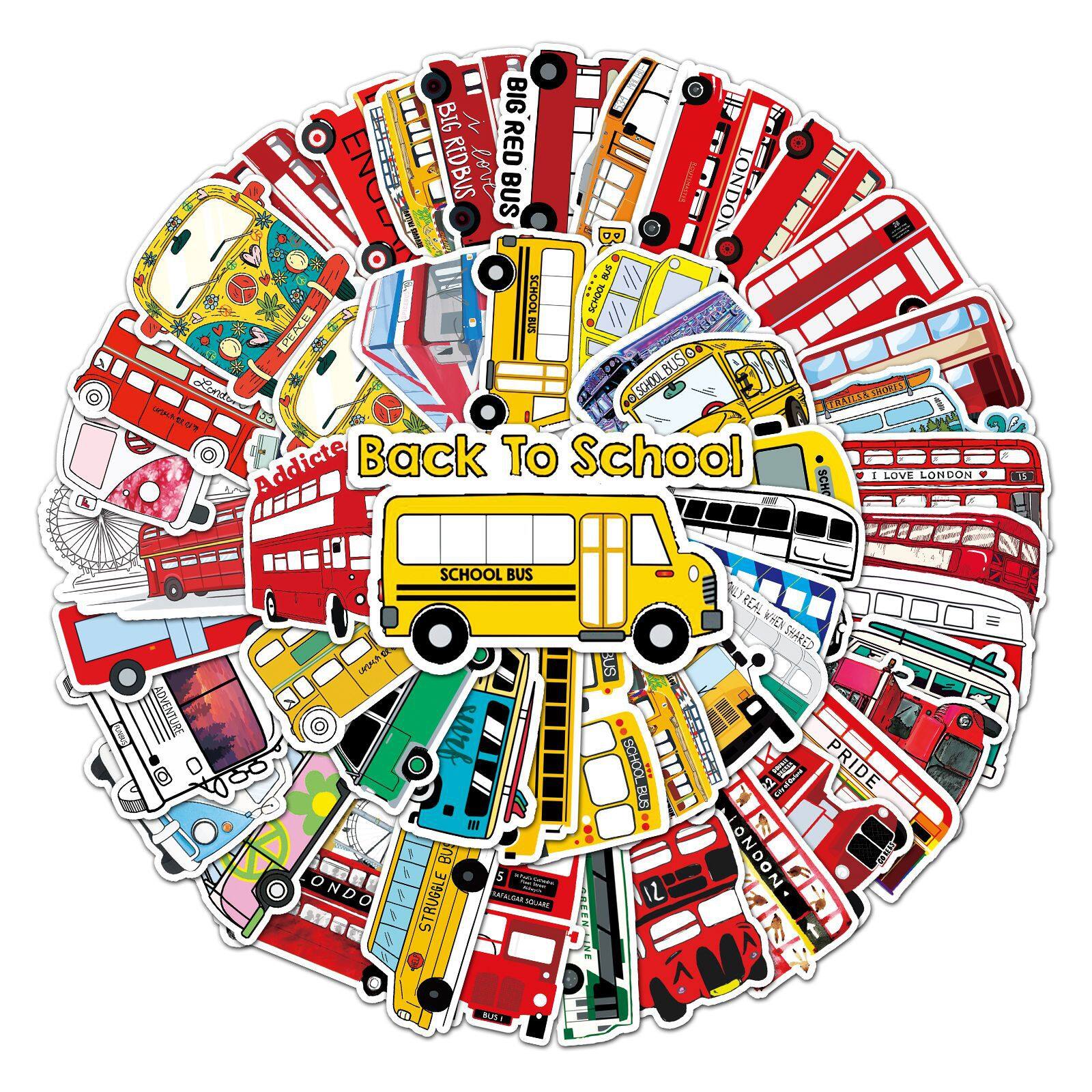 TM 50pcs/set Cartoon Bus Theme Pattern PVC Waterproof Graffiti Sticker for Laptop Water Cup Helmet Bicycle Motorcycle Guitar Skateboard Decoration