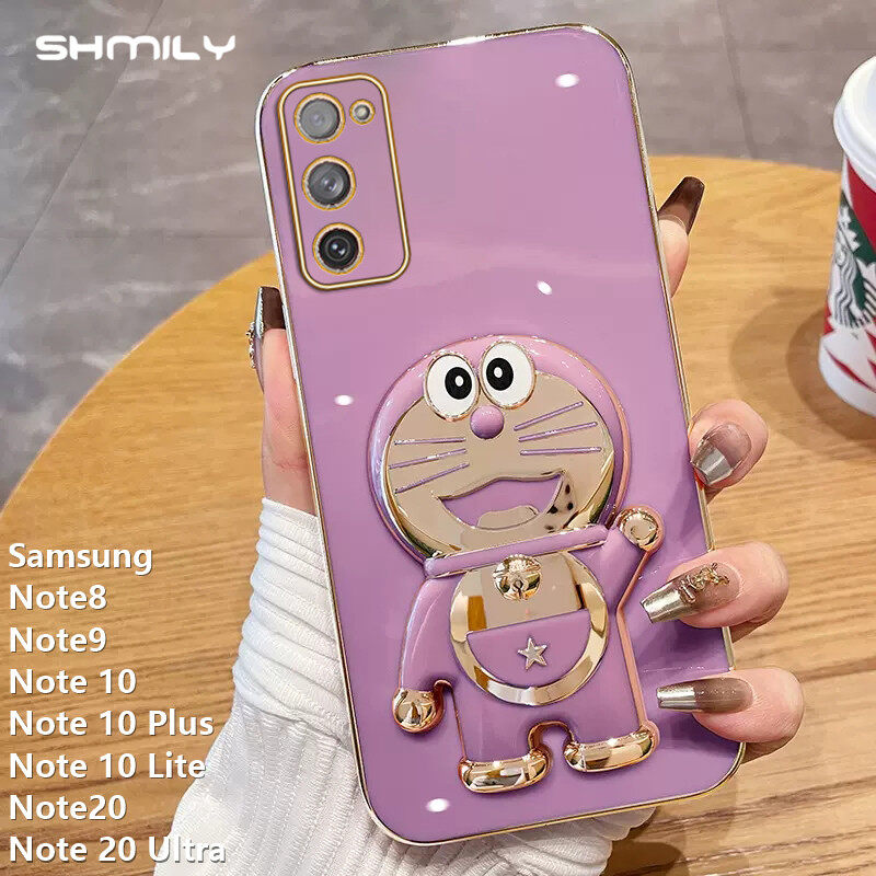 Shmily Fashion Dingdang Cat Stand Phone Case For Samsung Galaxy Note8 Note9 Note 10 Note 10 Plus Note 10 Lite Note20 Note 20 Ultra Luxury Electroplated Straight Edge Soft Silicone Shockproof Phone Cover