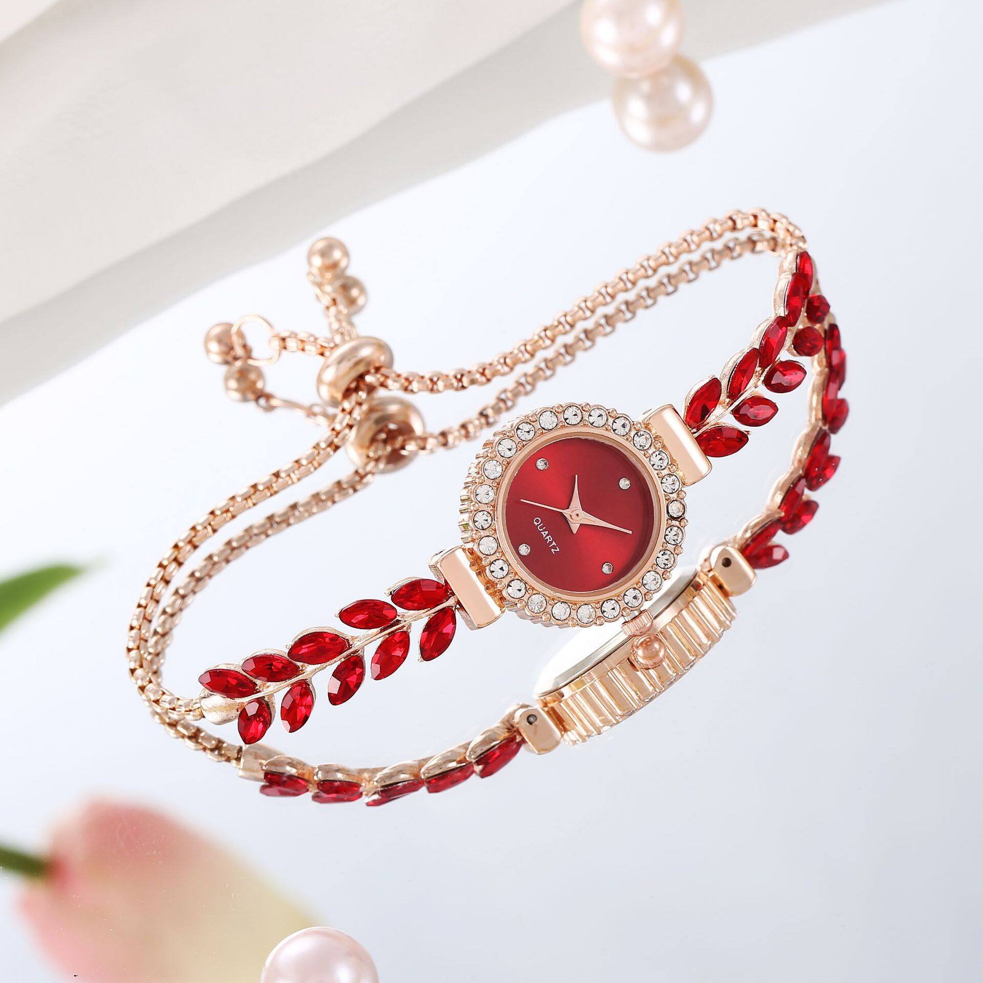 New Fashion Green Leaf Fine Band Diamond Round Women's Watch with Free Adjustment Bracelet Watch Women's Quartz Watch