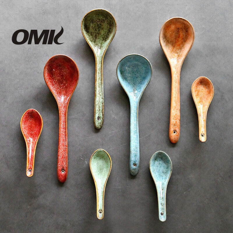 OMK Retro style ceramic soup spoon long handle