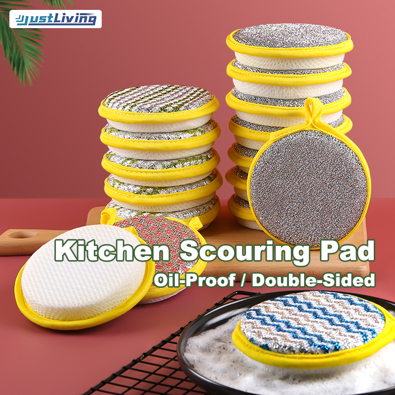 JustLiving 5 Pcs Kitchen Oil-Proof Sponge Scouring Pads Nylon Fiber Washing Cloths Household Non-stick Oil-free Dish Cloth Double-sided Dishwashing Scouring Pad
