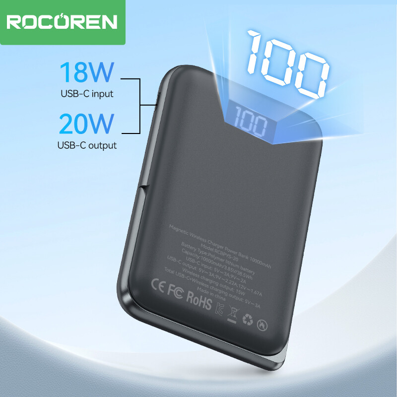 Rocoren Wireless Power Bank 10000mAh For iPhone 15 14 13 Pro