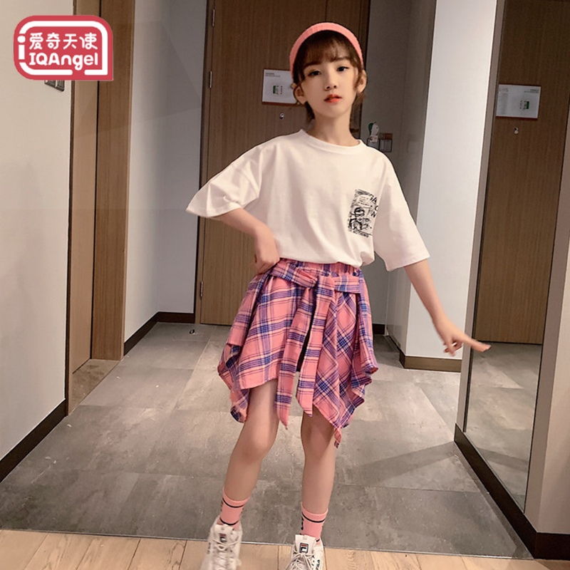 TG Girls suits, girls' new Korean short-sleeved plaid shorts suits, children's foreign short-sleeved tide clothes plaid skirt pants two-piece set