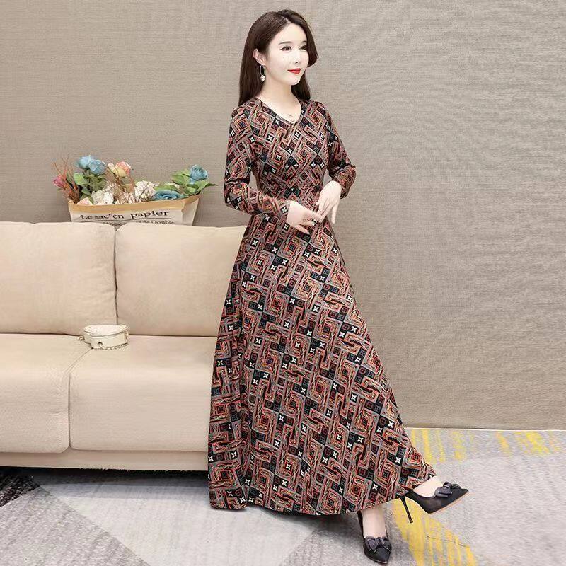 【SW】Long sleeved skirt with geometric printed patterns for middle-aged and elderly people