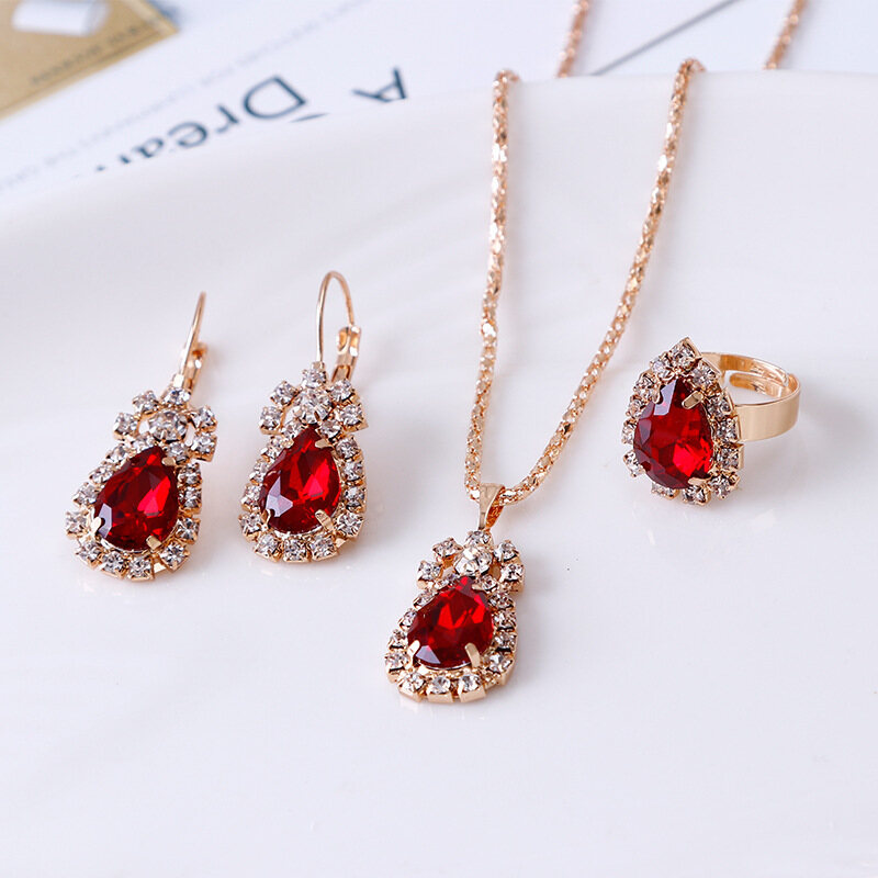 T-B European Style Personality Water Drop Rhinestone Necklace Earrings Ring Women Suit Bridal Jewelry Wholesale Three-piece Necklace Women Jewelry
