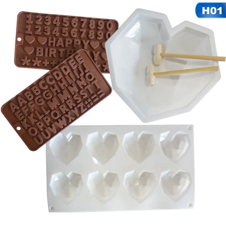 Brown Diamond Heart Shaped Mousse Cake Mold Trays 8.7 inch Silicone Dessert Baking Pan Safe Not Sticky Mould with 4 Pcs Wooden Hammers and 2 Chocolate Molds for Valentine Candy Chocolate Making