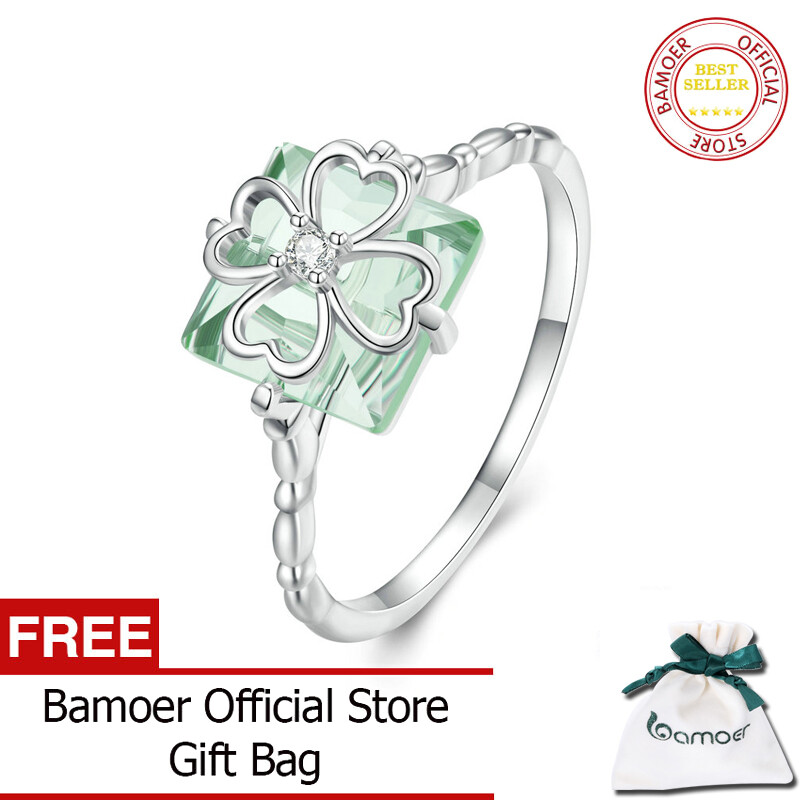 BAMOER 925 Sterling Silver Light Green Four-leaf Clover Finger Ring Delicate Women Rings Platinum Plated Fine Jewelry BSR339