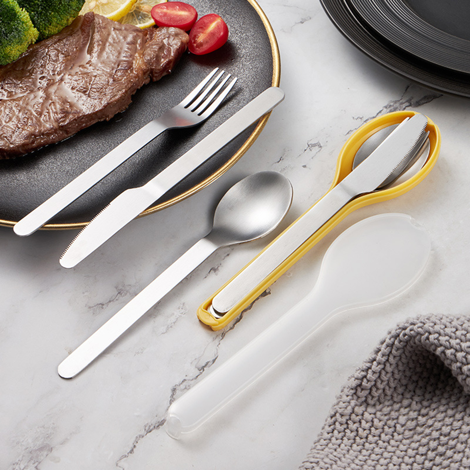 Sanwood® 1 Set Cutlery Set Rustproof Non-slip Stainless Steel Long Handle Spoon Fork Cutter Tableware Set for Camping Cutlery Set Rustproof
