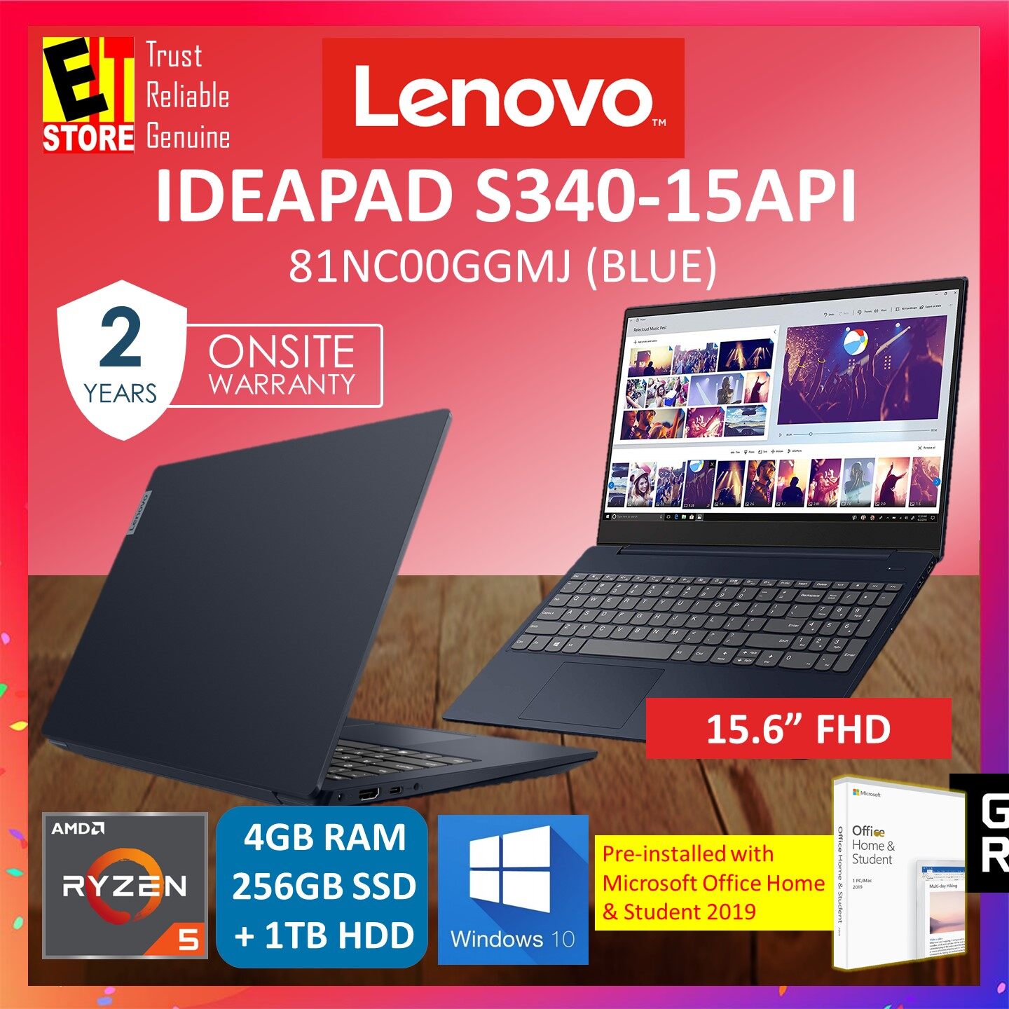 LENOVO IDEAPAD S340-15API 81NC00GGMJ LAPTOP (BLUE) (RYZEN 5 3500U/4GB/256GB SSD + 1TB HDD/15.6 FHD/W10/2YRS) WITH MS.OFFICE + BAG Malaysia
