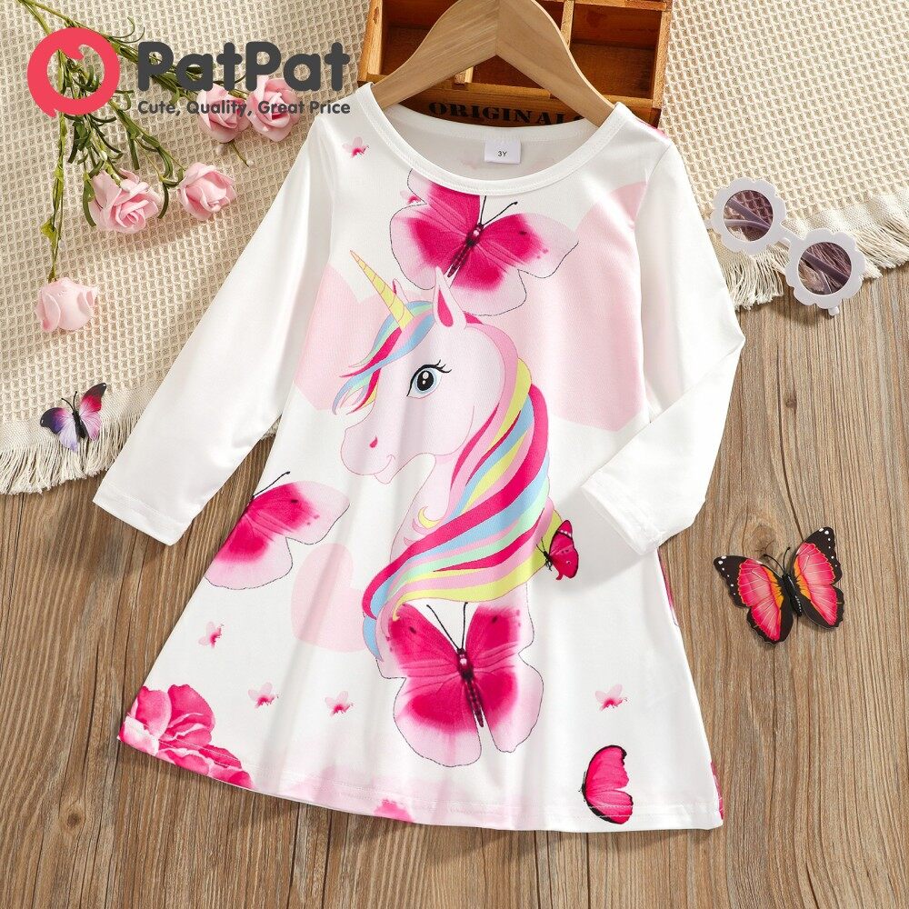 PatPat Toddler Girl Dress Pink Animal Unicorn Butterfly Print Long-sleeve Dress