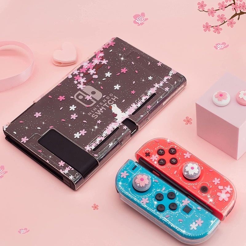 Ốp Mềm Kim Tuyến Sakura Vỏ Bảo Vệ Vỏ Bọc Lấp Lánh Cho Nintendo Switch NS JoyCon Miếng Bảo Vệ Pha Lê + 2 Miếng Kẹp Ngón Tay Cái