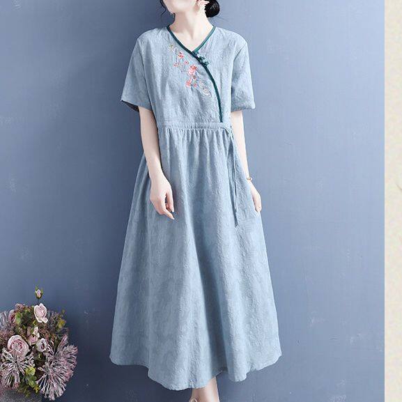 WhiteTime Summer cotton and linen cardigan plate buckle embroidered short sleeve dress female Chinese style literary retro skirt 301T0549