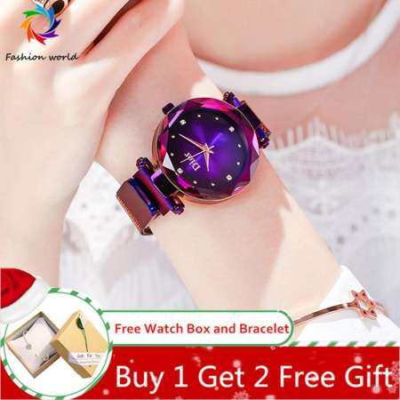 【ซื้อ 1 แถม 2 ฟรีของขวัญ】Women นาฬิกาแฟชั่นหินแม่เหล็ก Starry Sky นาฬิกาสายโลหะผสมนาฬิกาข้อมือควอตซ์หญิง