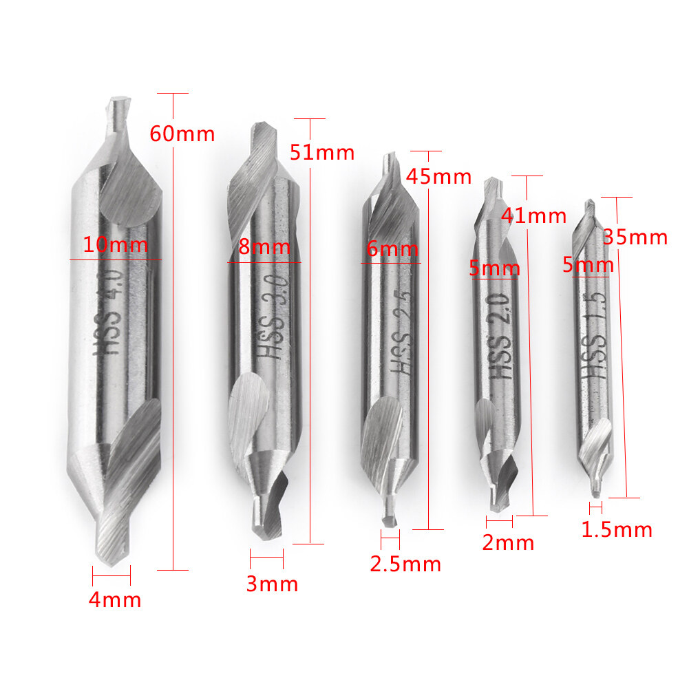 Center Drill Bit 5pcs High Speed Steel 1.5/2/2.5/3/4mm 60 Degree AngleCountersink Spotting Drill Bits Tool