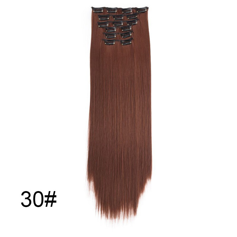 16Clips Long Straight Synthetic Hair Extensions Clips in High Temperature Fiber Hairpiece Black Brown for Women