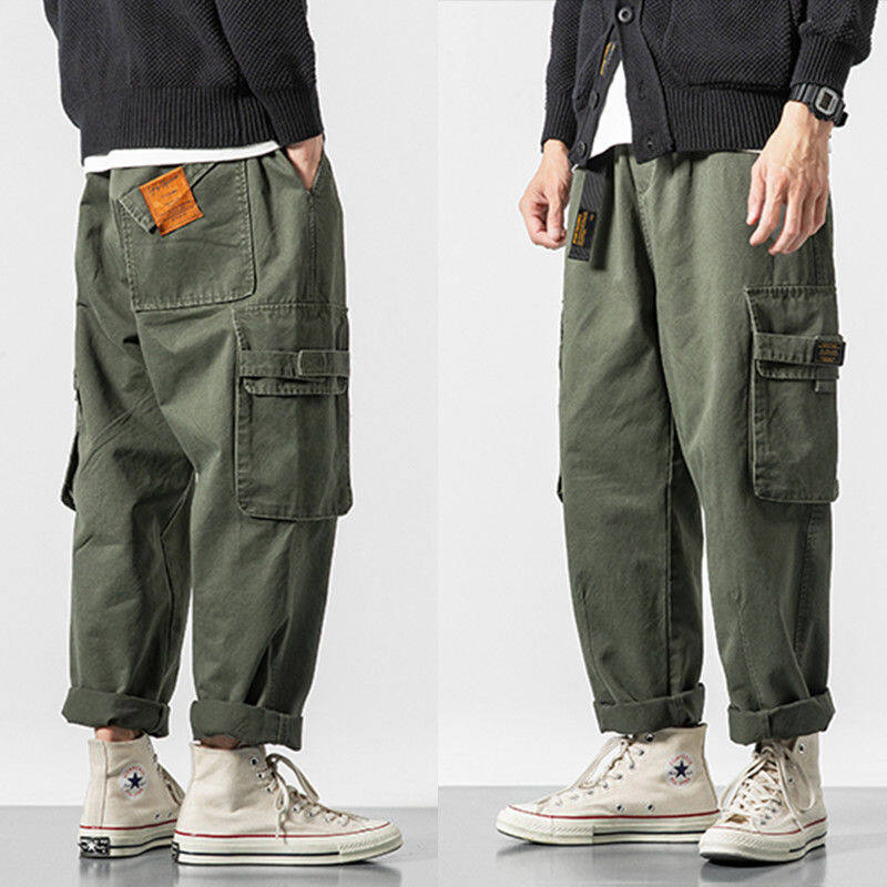 Cargo Pants Men Streetwear Hip Hop Pants Elastic Waist Harem Ankle Length Trousers Black Army Green Harajuku Loose Casual Pocket