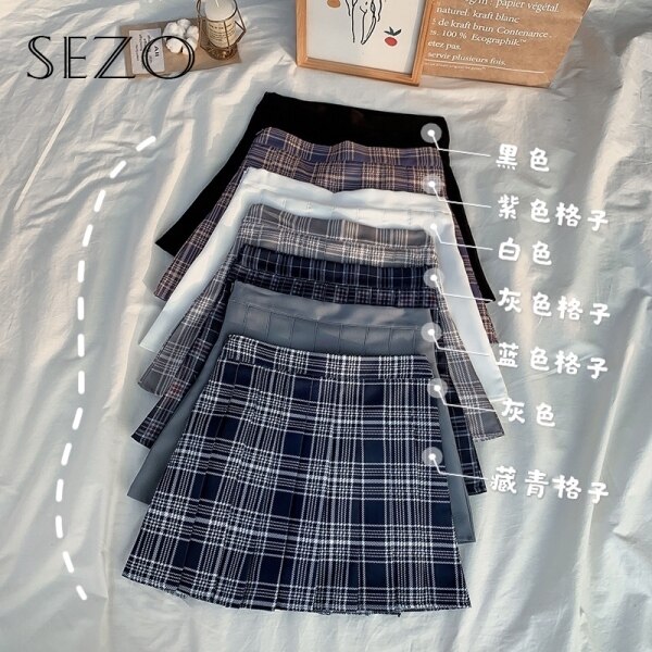 Nơi bán SEZO Hàn Quốc Phiên Bản, Váy Ngắn Chữ A Phong Cách Đại Học Kẻ Ca Rô Xếp Ly Cạp Cao